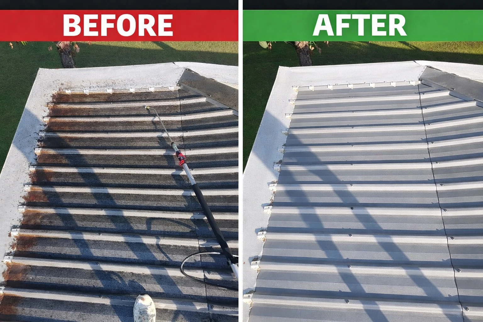 Commercial metal roof cleaning before and after