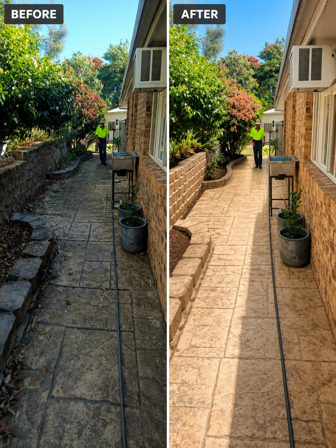 Path and outdoor area pressure cleaning before and after