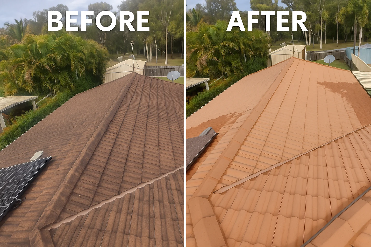 Tiled roof cleaning before and after